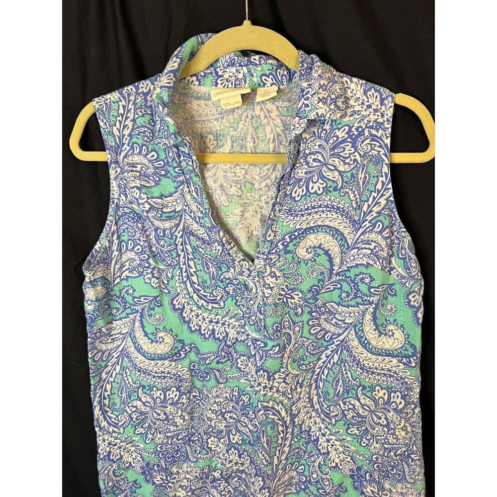 Cynthia Rowley linen blue & green paisley‎ sundress sleeveless shift Size 6 - Picture 2 of 5